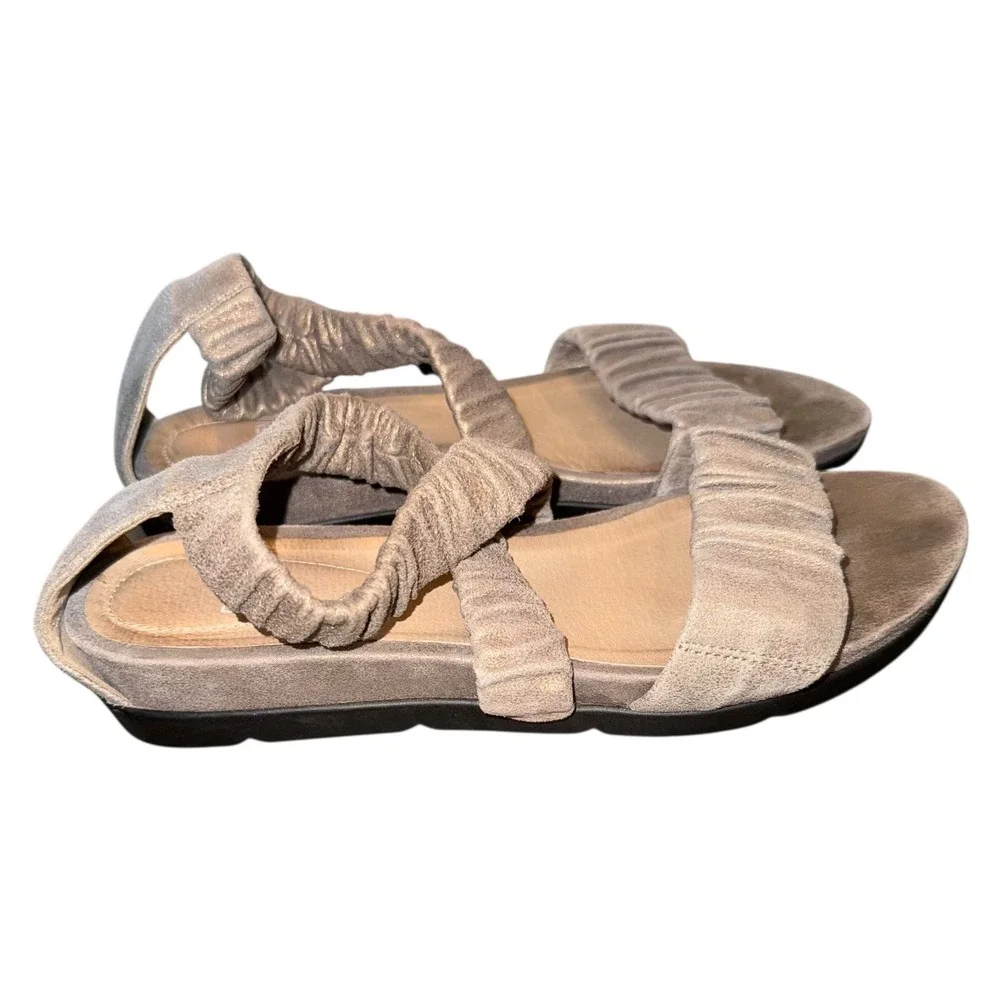 Eileen Fisher Dylan Metallic Suede Wedge Sandals Cross Strap Comfort Bronze Sz 6